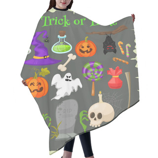 Personality  Halloween Fashion Flat Icons Isolated On Brounbackground. Halloween Vector Characters. Pumpkin,ghost And Witch Hair Cutting Cape