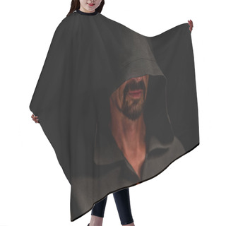 Personality  Portrait Of A Courageous Warrior Wanderer In A Black Cloak. Historical Fantasy. Halloween. Hair Cutting Cape