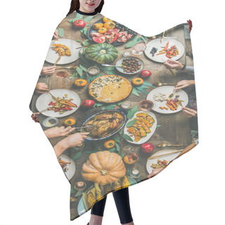 Personality  Thanksgiving, Friendsgiving Holiday Celebration. Flat-lay Of Friends Feasting At Thanksgiving Day Table With Turkey, Pumpkin Pie, Roasted Vegetables, Fruit, Rose Wine, Top View, Vertical Composition Hair Cutting Cape