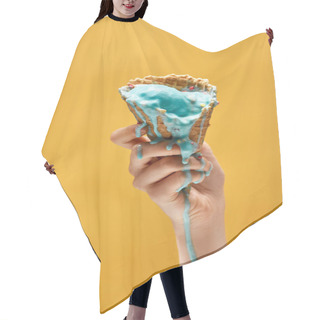 Personality  Cropped View Of Woman Holding Melted Blue Ice Cream In Crispy Waffle Cone Isolated On Yellow Hair Cutting Cape