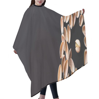 Personality  Flay Lay Of Nutshells Around Tasty Pistachio Nut Isolated On Black, Banner Hair Cutting Cape