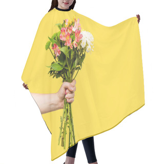 Personality  Cropped Shot Of Person Holding Beautiful Bouquet Of Flowers Isolated On Yellow Hair Cutting Cape