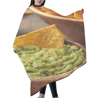 Personality  Close Up View Of Delicious Mexican Nachos With Guacamole Hair Cutting Cape