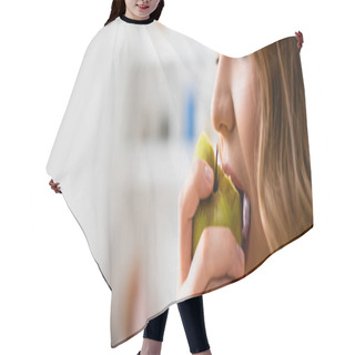 Personality  Panoramic Shot Of Woman With Closed Eyes Eating Apple Hair Cutting Cape