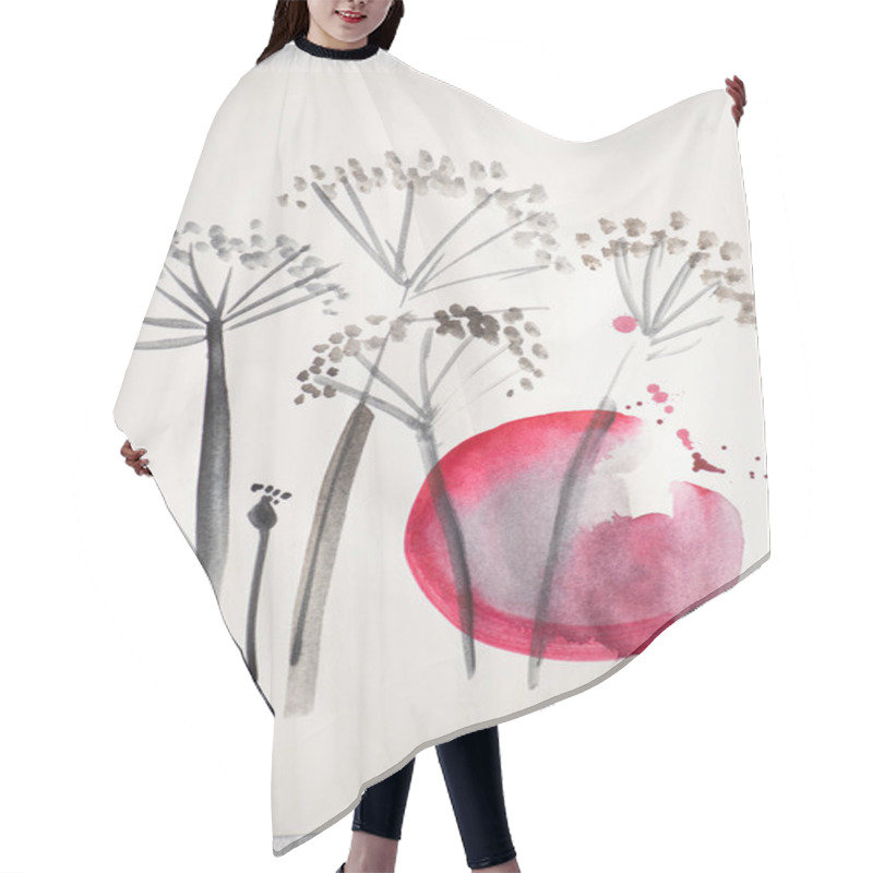 Personality  Top View Of Paper With Japanese Painting With Flowers And Pink Circle On Wooden Background Hair Cutting Cape