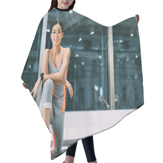 Personality  Beautiful Asian Sportswoman Smiling And Doing Stretch Exercise On Fitness Mat In Sports Center Hair Cutting Cape