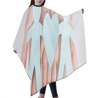 Personality  Panoramic Shot Of Woman Holding Figures Of People Cut From Paper With Heart, Human Rights Concept  Hair Cutting Cape