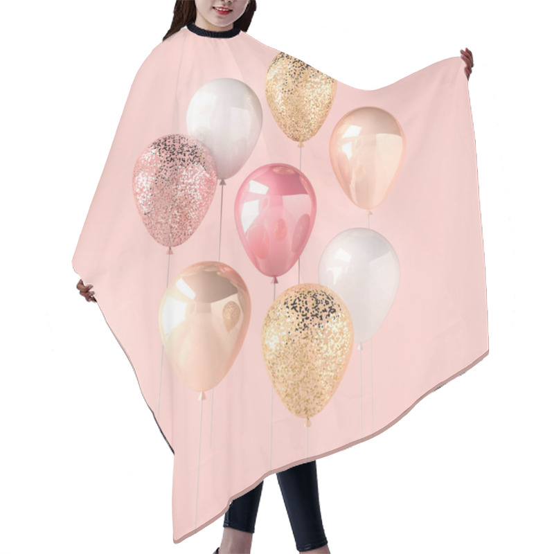Personality  Set of pink, white and golden glossy balloons on the stick with sparkles on pink background. 3D render for birthday, party, wedding or promotion banners or posters. Vibrant and realistic illustration. hair cutting cape