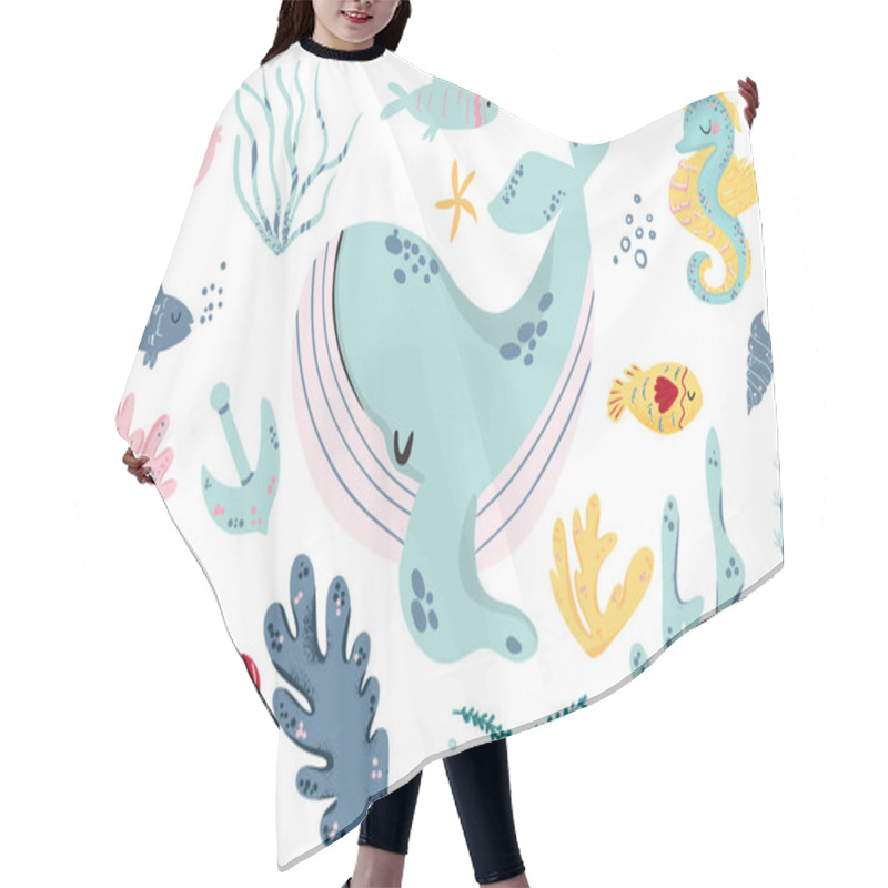 Personality  Sea Life. Set With Funny Sea Animals. Vector Collection Hair Cutting Cape