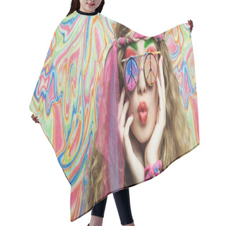 Personality  Beauty Hippie Woman With Stylish Glasses Hair Cutting Cape