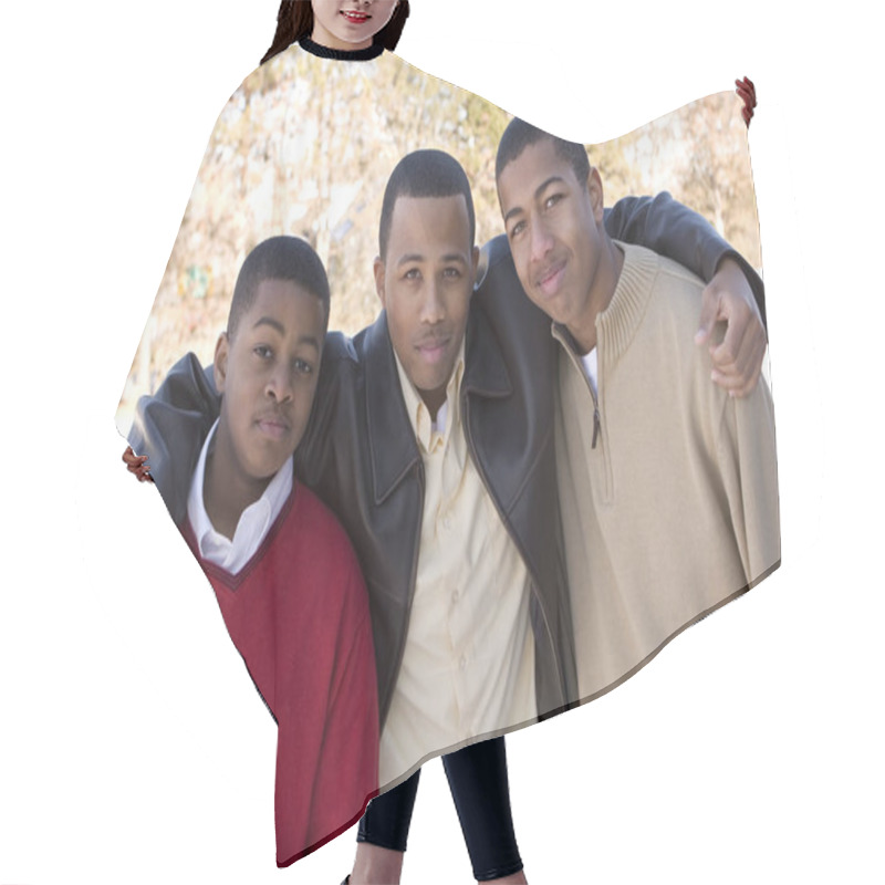 Personality  Portrait Of African American Teenage Brothers Smiling. Hair Cutting Cape
