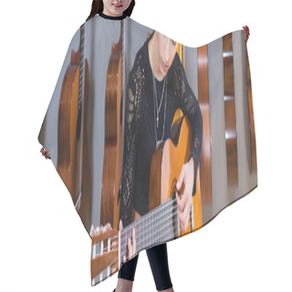 Personality  Young Woman Playing Acoustic Guitar In Music Shop, Banner  Hair Cutting Cape