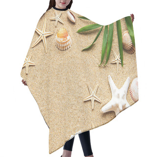 Personality  Seashells On Sand. Sea Summer Vacation Background With Space For The Text. Top View Hair Cutting Cape
