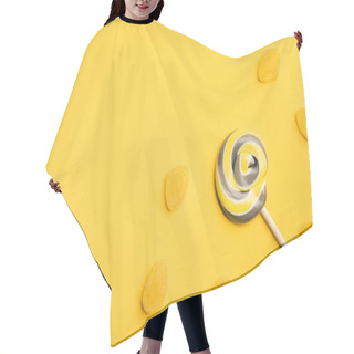 Personality  Top View Of Delicious Multicolored Swirl Lollipop On Wooden Stick And Jellies On Yellow Background Hair Cutting Cape