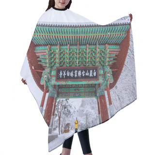 Personality  Professional Photographer Takes Photos With Camera At Gate Of Baekyangsa Temple And Falling Snow, Naejangsan Mountain In Winter,South Korea.Winter Landscape. Hair Cutting Cape