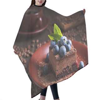 Personality  Chocolate Cake With Blueberries And Mint . Hair Cutting Cape