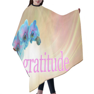 Personality  Blue Orchid Floral Gratitude Message  Banner - Blue And Pink Orchid Flower Heads Arcing Over The Word GRATITUDE On A Peach  And Pink Background With Copy Space Above Hair Cutting Cape