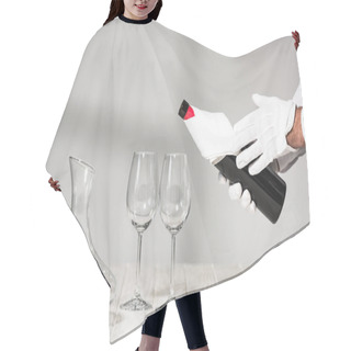 Personality  Cropped View Of Water In White Gloves Holding Bottle Of Wine Near Wine Glasses On Wooden Table Hair Cutting Cape