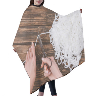 Personality  Partial View Of Woman Cutting White Knitting Thread With Scissors On Wooden Surface Hair Cutting Cape