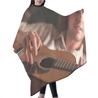Personality  Young Musician Plays His Acoustic Guitar Hair Cutting Cape