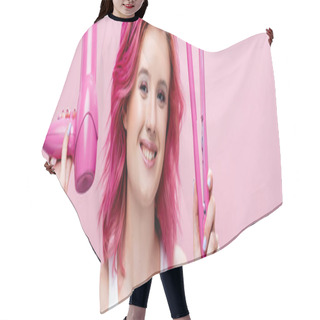 Personality  Young Woman With Colorful Hair Holding Straightener And Hairdryer Isolated On Pink, Panoramic Shot Hair Cutting Cape