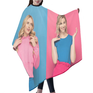 Personality  Smiling Blonde Sisters Looking Away On Pink And Blue Background Hair Cutting Cape