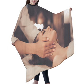 Personality  Woman In Spa Salon Hair Cutting Cape