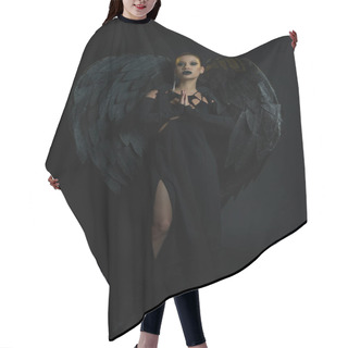 Personality  Mysterious Woman In Costume Of Winged Creature Standing With Praying Hands On Black, Demonic Beauty Hair Cutting Cape