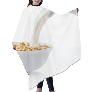 Personality  Milk Pouring From Jug In Bowl With Soybeans On White Background Hair Cutting Cape