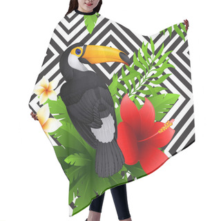 Personality  Vector Tropical Pattern With Toucan And  Hibiscus, Frangipani Flower, Palm Leaves , Black And White Geometric Background Hair Cutting Cape