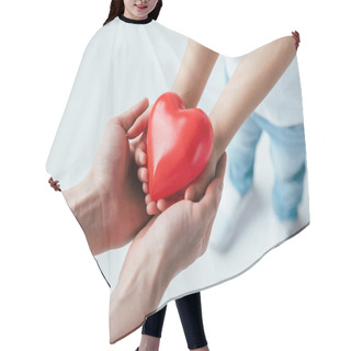 Personality  Cropped View Of Adopted Child And Parent Holding Red Heart On White  Hair Cutting Cape