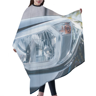 Personality  Close Up View Of Clean, Polished Headlamp Of Modern Car Hair Cutting Cape