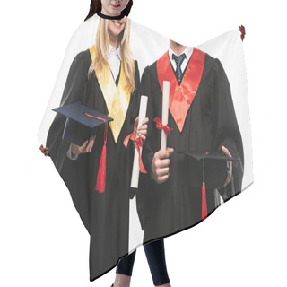 Personality  Front View Of Students Holding Graduation Caps And Diplomas Isolated On White Hair Cutting Cape