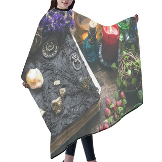 Personality  Spell Book, Magic Potions And Other Various Witchcraft Accessories On The Wizard Table Background. Hair Cutting Cape