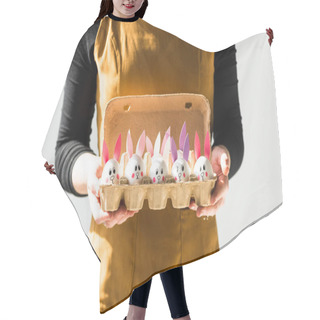 Personality  Partial View Of Woman Holding Egg Tray With Chicken Eggs With Funny Bunny Faces And Paper Ears Isolated On Grey Hair Cutting Cape