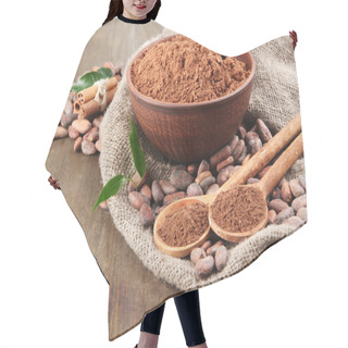 Personality  Cocoa Powder And Cocoa Beans On Wooden Background Hair Cutting Cape