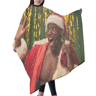 Personality  African American Man In Santa Costume With Christmas Bag Waving Hand  On Snowy And Shiny Backdrop Hair Cutting Cape