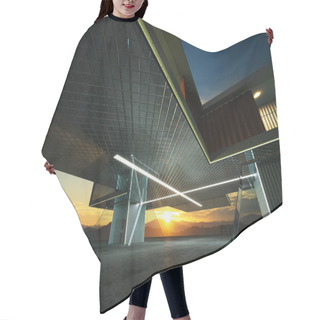 Personality  Closeup And Perspective View Of Empty Cement Floor With Steel And Glass Modern Building Exterior . 3D Rendering And Real Images Mixed Media . Hair Cutting Cape