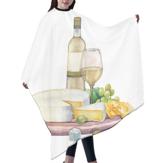 Personality  Watercolor Bottle And Glass Of Wine With Camembert Cheese And Grapes Hair Cutting Cape