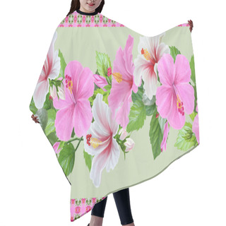 Personality  Horizontal Floral Border Pink Rose, Hibiscus, Green Leaves, Patt Hair Cutting Cape