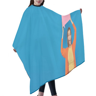 Personality  Amazed Young Woman Holding Speech Bubble Above Head On Blue Background, Space For Text And Banner Hair Cutting Cape