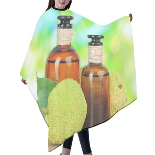 Personality  Osage Orange Fruits (Maclura Pomifera) And Medicine Bottles, On Wooden Table, On Nature Background Hair Cutting Cape