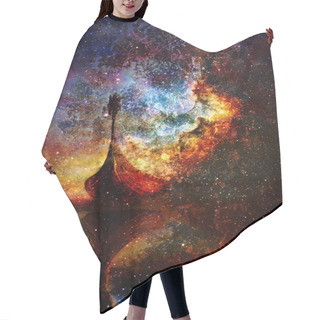 Personality  Viking Boat In Space And Stars,  Computer Collage, Boat With Wood Dragon. Hair Cutting Cape