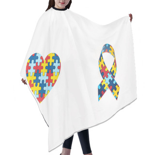 Personality  Top View Of Puzzle Heart And Awareness Ribbon Isolated On White, Autism Concept Hair Cutting Cape