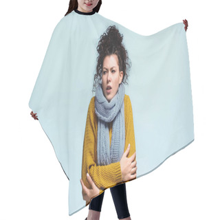 Personality  Frozen Woman In Sweater And Scarf Looking Away Isolated On Blue Hair Cutting Cape