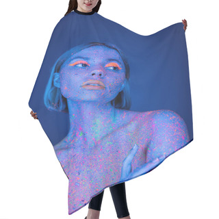 Personality  Naked Woman With Colored Body And Bright Neon Makeup Looking Away Isolated On Dark Blue Hair Cutting Cape