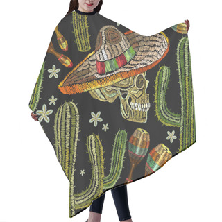 Personality  Embroidery Mexican Culture Seamless Pattern. Human Skull Hair Cutting Cape