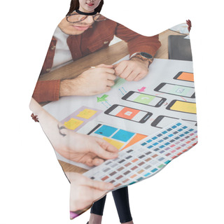 Personality  Cropped View Of Designers With Color Palette Planning User Experience Design At Table Hair Cutting Cape