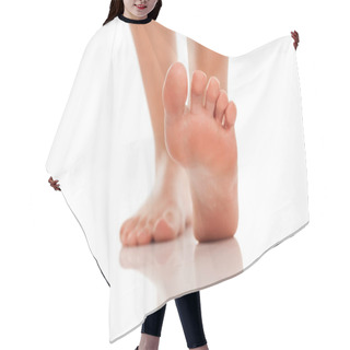 Personality  Beautifully Groomed Bare Feet On White Background Hair Cutting Cape