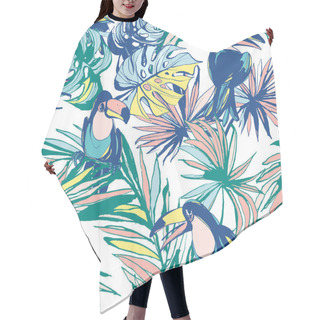 Personality  Seamless Pattern Ink Hand Drawn Tropical Palm Leaves, Flowers, Birds. Hair Cutting Cape